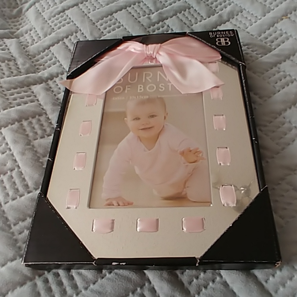 Burnes of Boston silver frame with pink ribbon